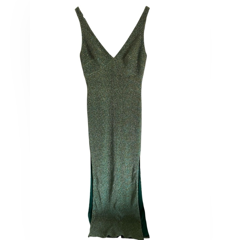 THEIA Metallic Sparkle Green Deep V Maxi Gown, size 4